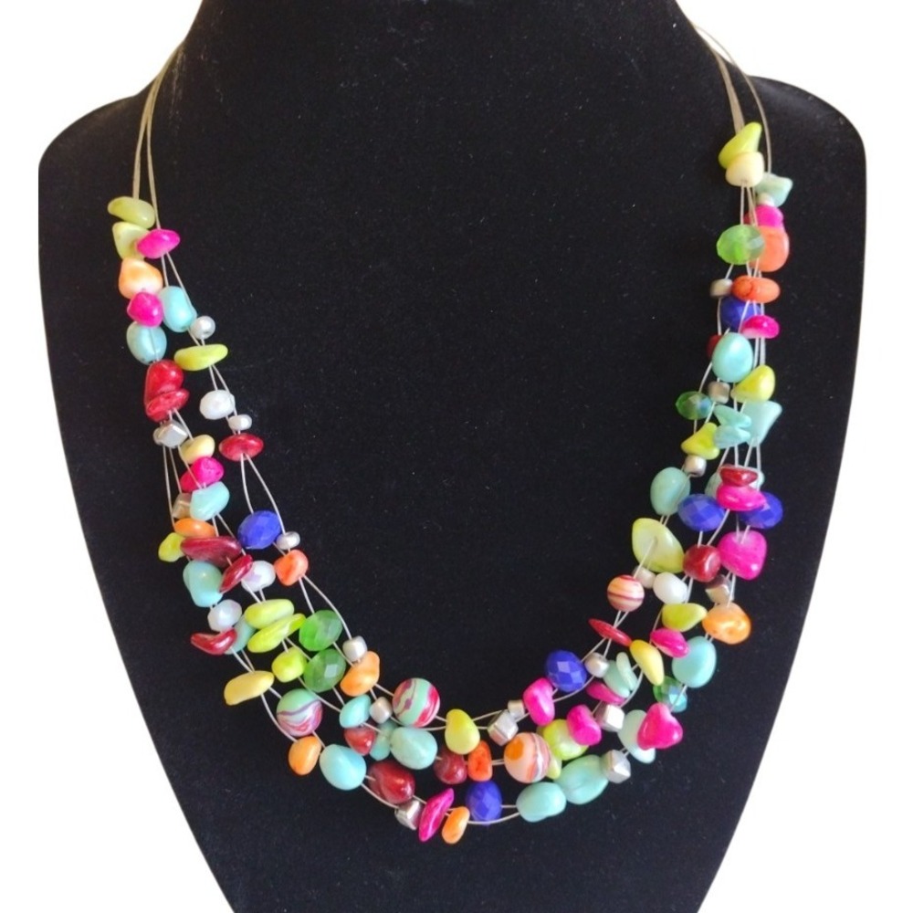 A‎ statement piece three strand natural multi-gemstone and glass bead necklace.